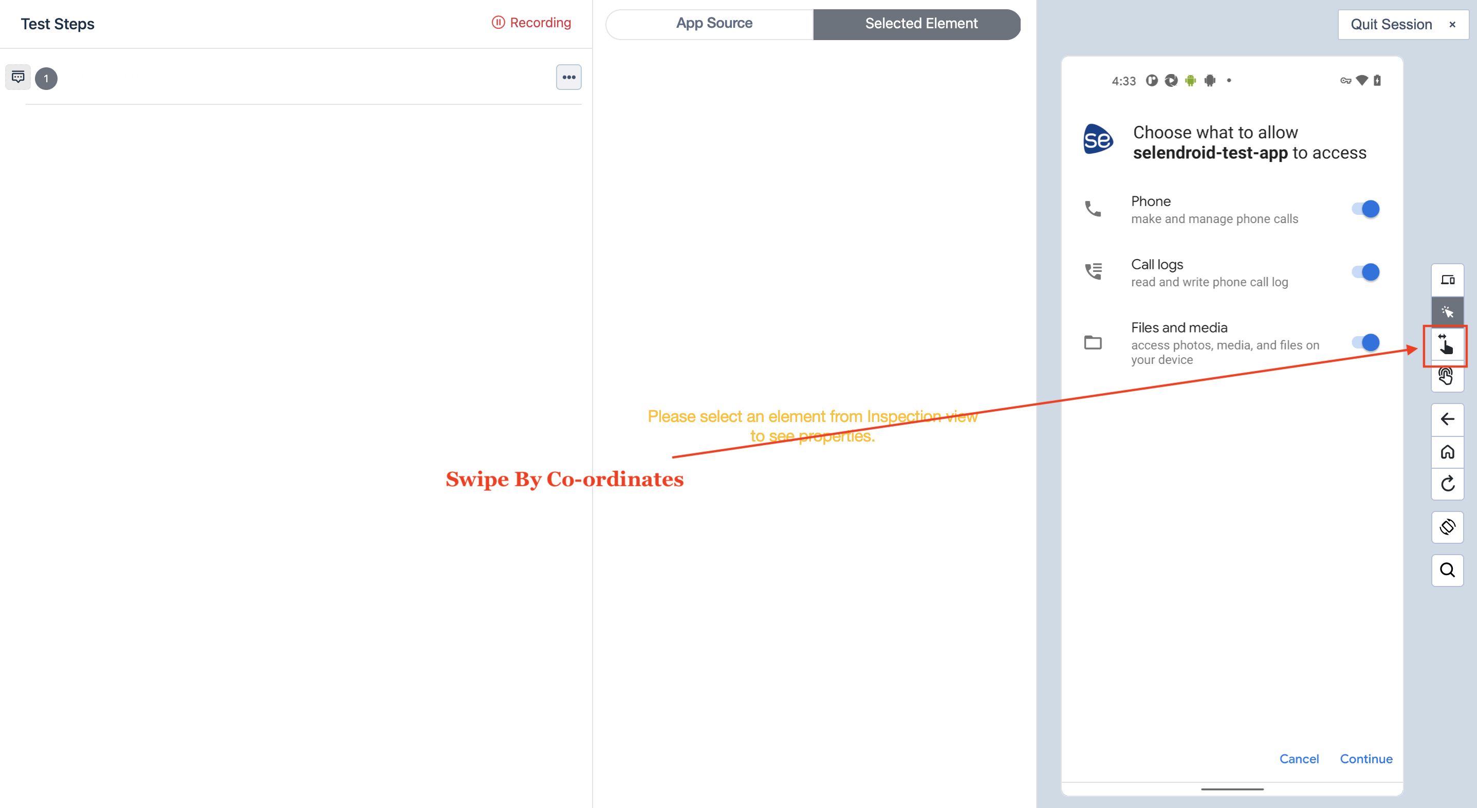 Swipe by coordinates in Test recorder interface for Android