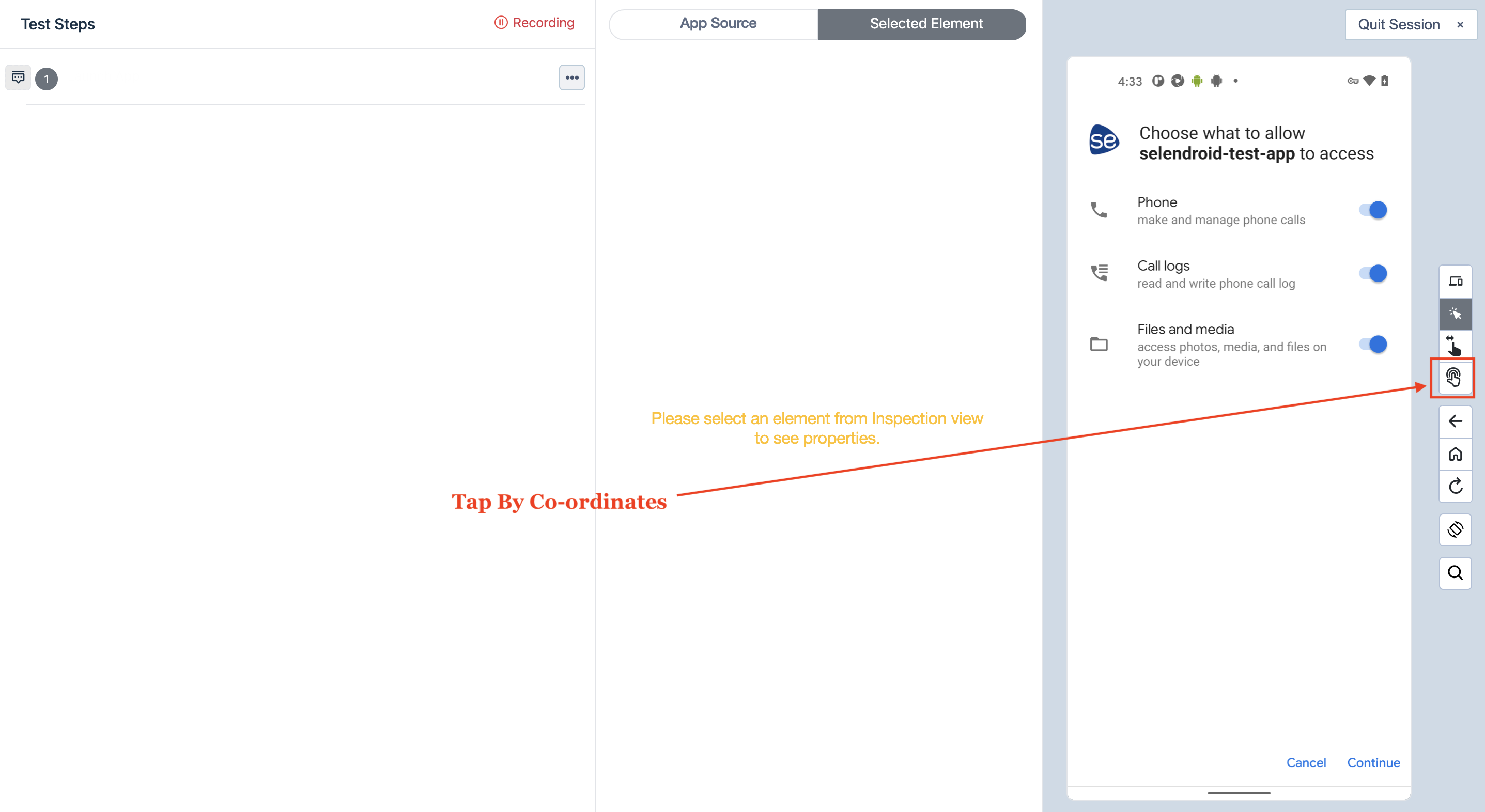 Tap by coordinates in Test recorder interface for Android