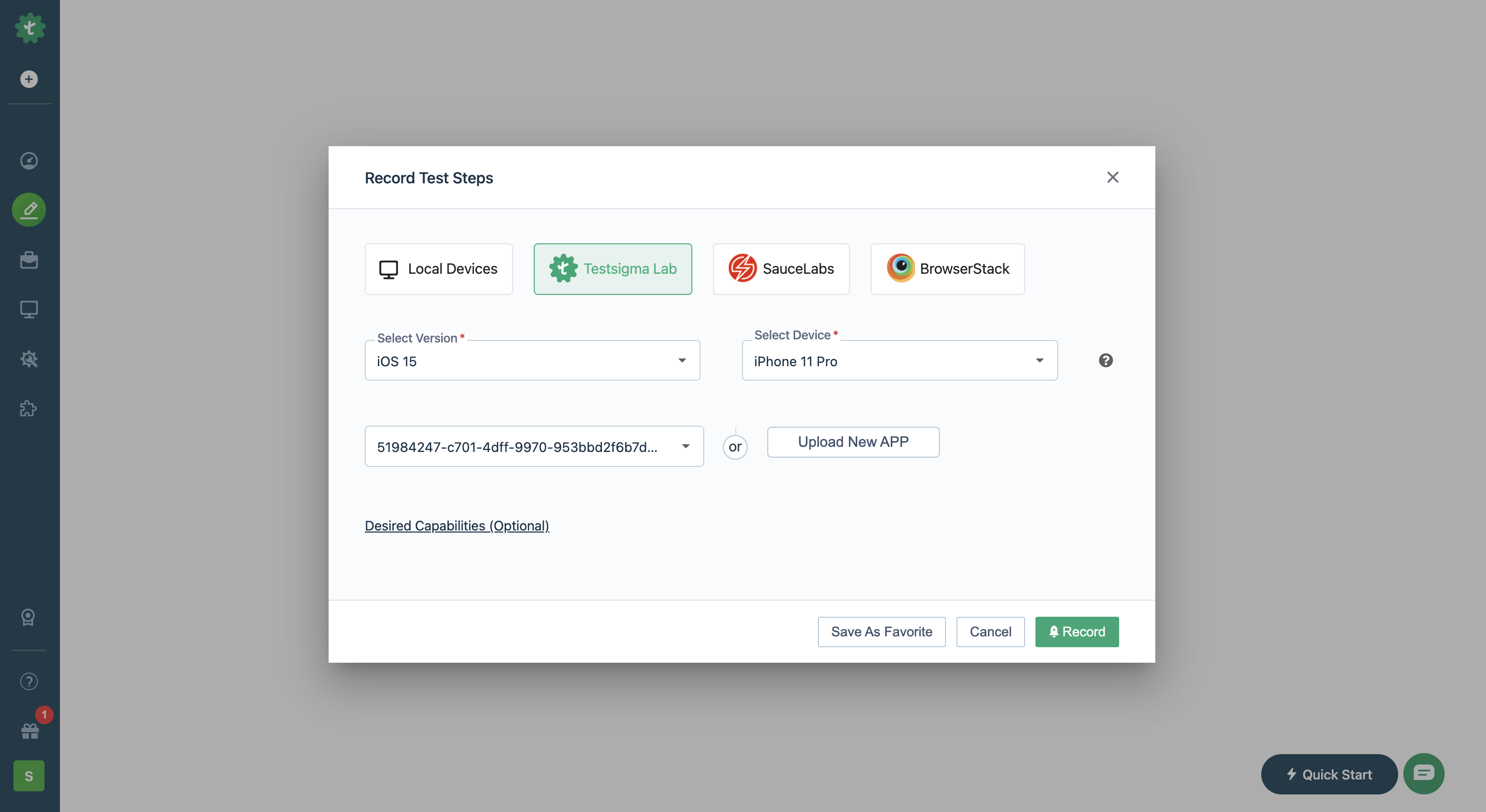 the record button window to record test steps via the Recorder in Testsigma, for an iOS project