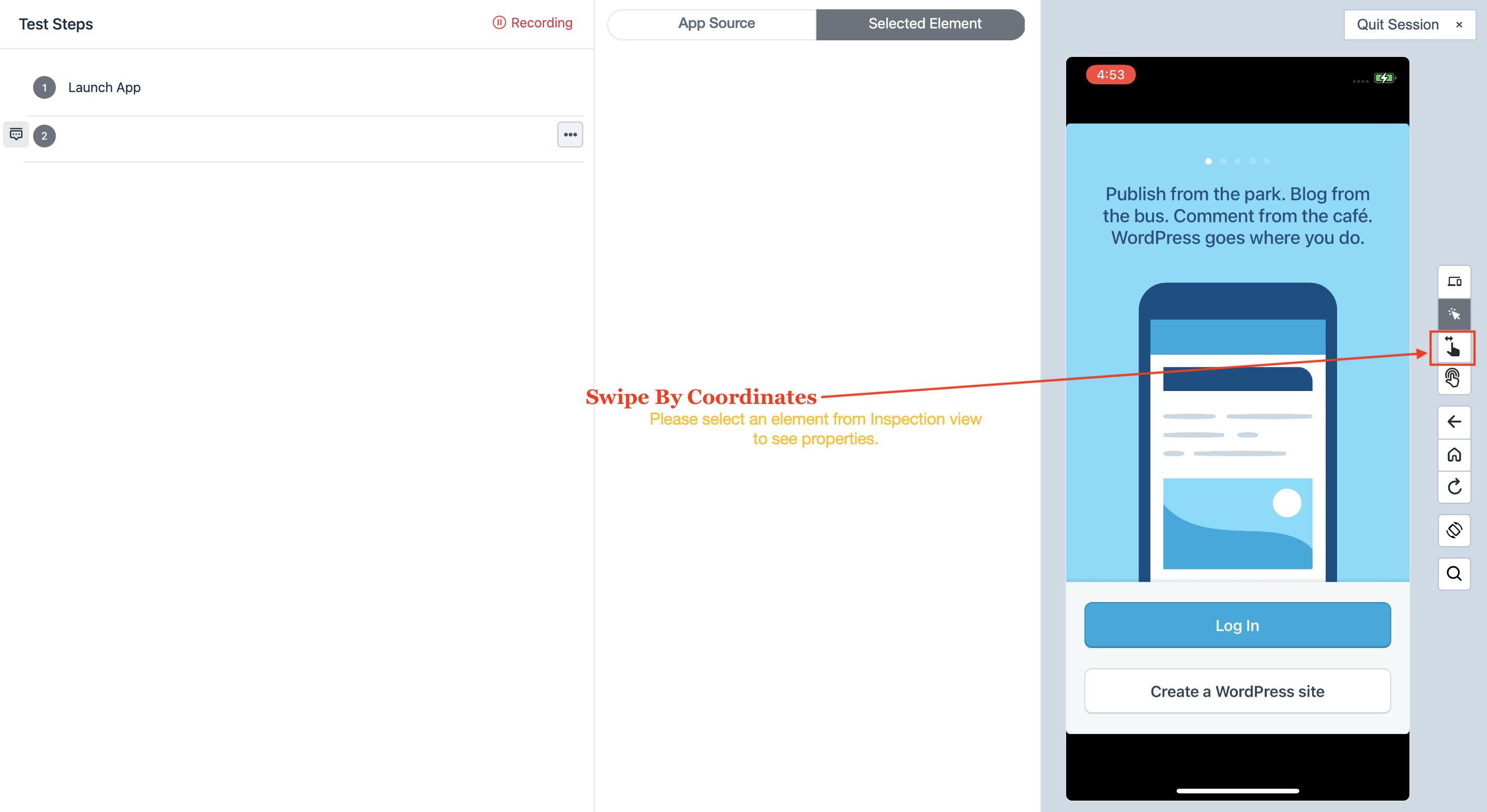 Swipe By Coordinates in Test Recorder for iOS