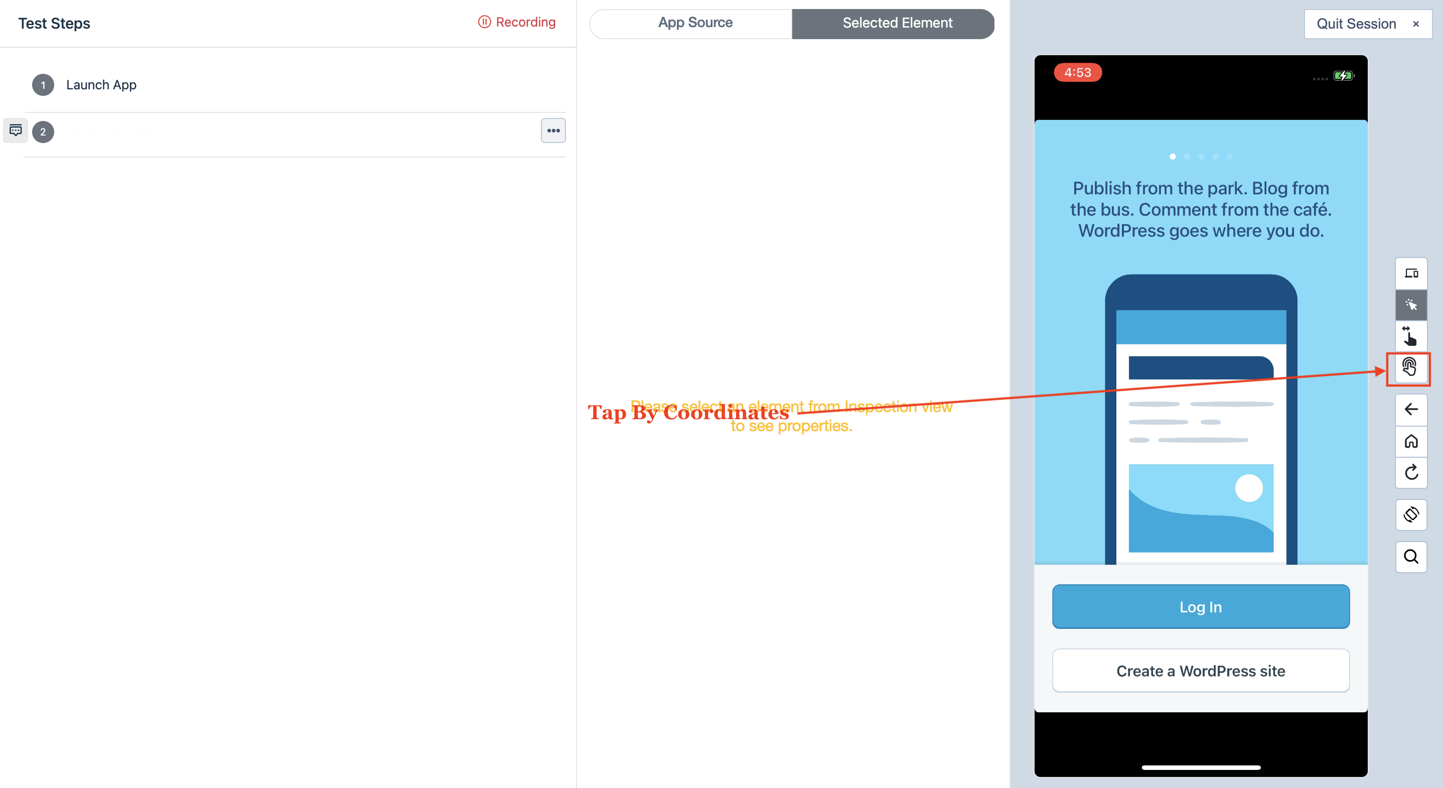 Tap By Coordinates in Test Recorder for iOS