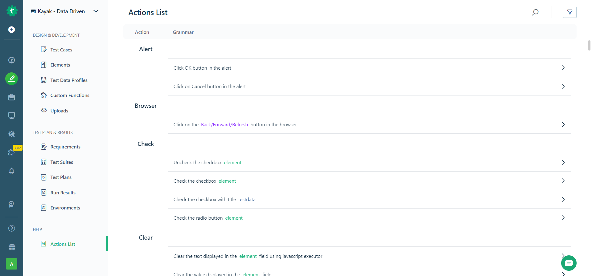 navigate to actions grammar page