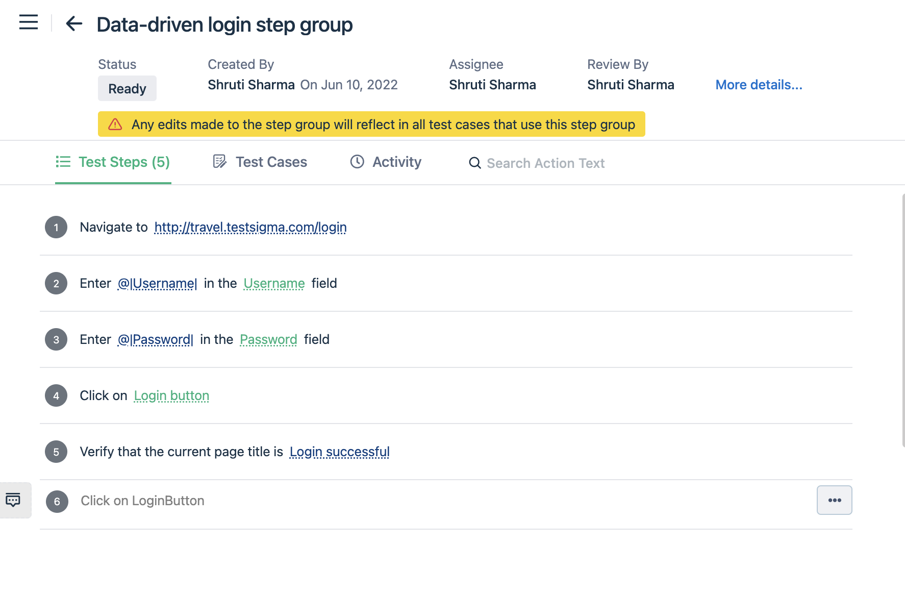 An example data-driven step group for login