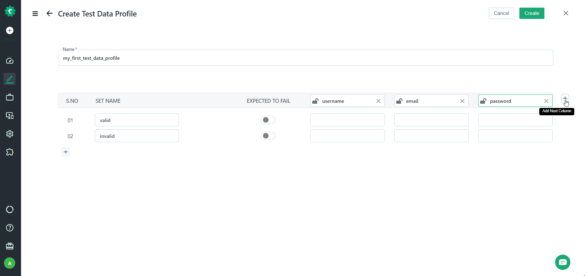 Adding columns to set names while creating test data profiles in Testsigma