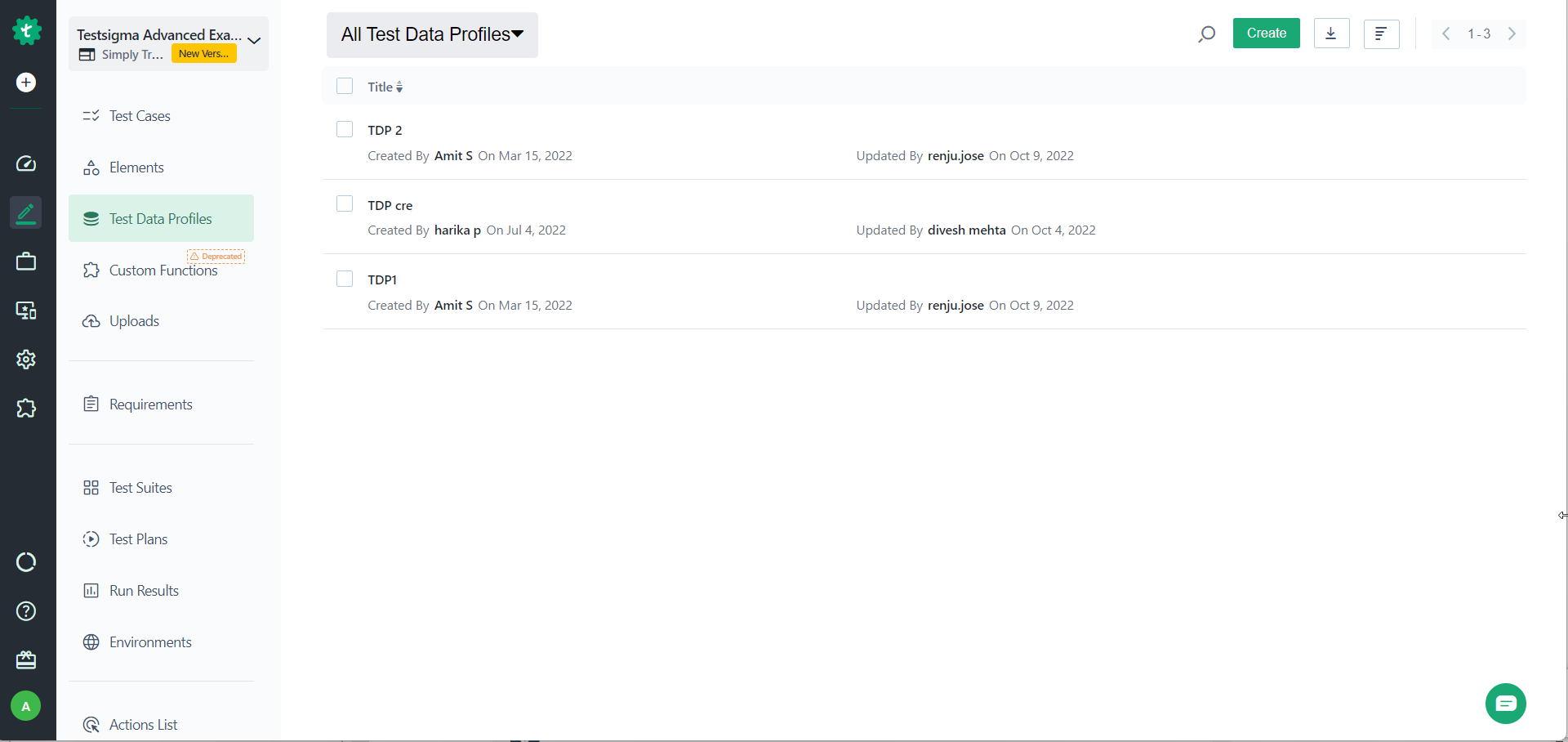 create button on the all test data profiles page for creating test data profiles in Testsigma