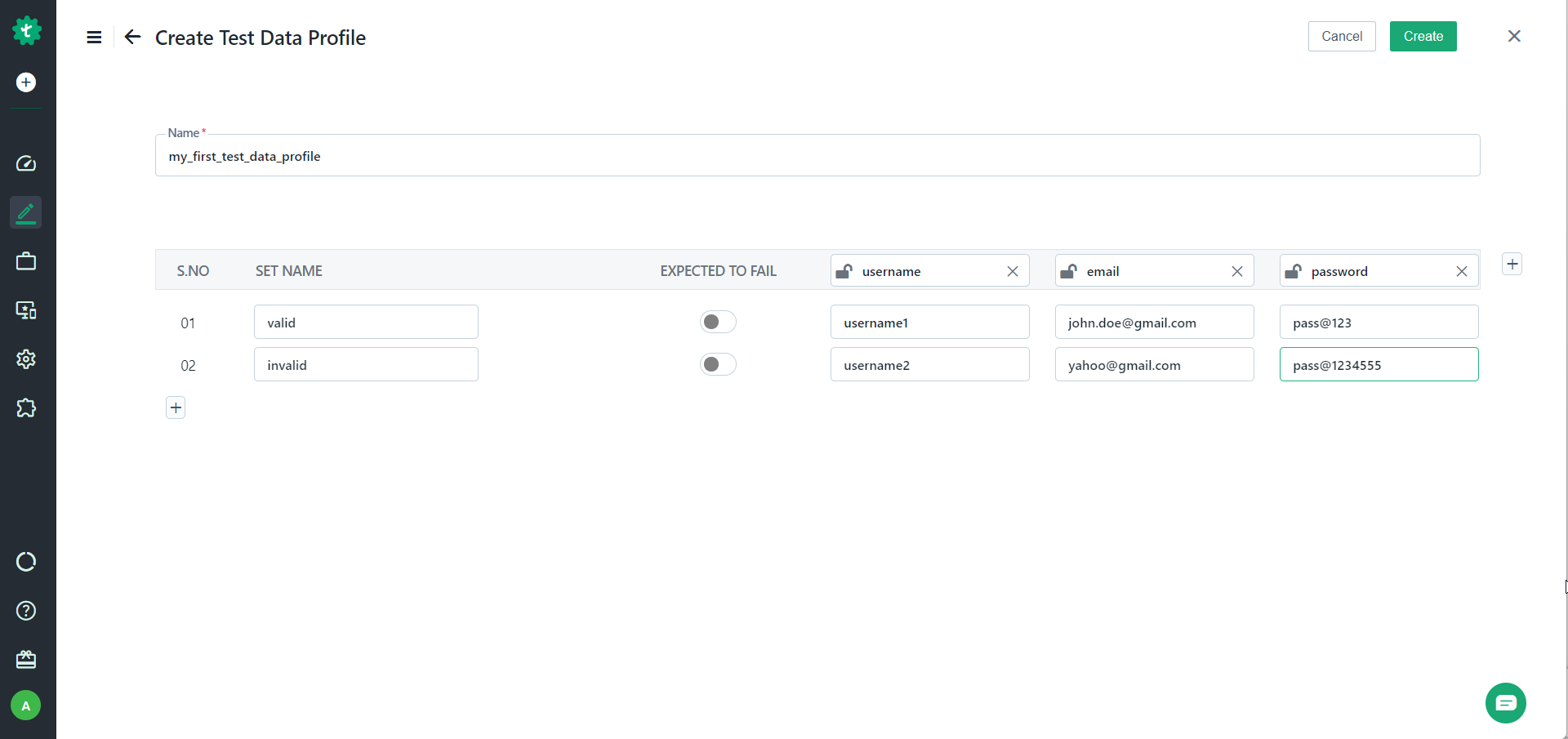 adding values to columns while creating test data profiles in Testsigma
