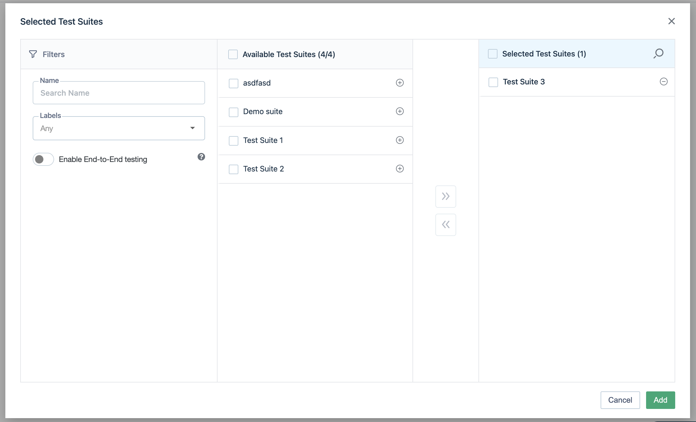 New Test Plan UI - selected test suites layover
