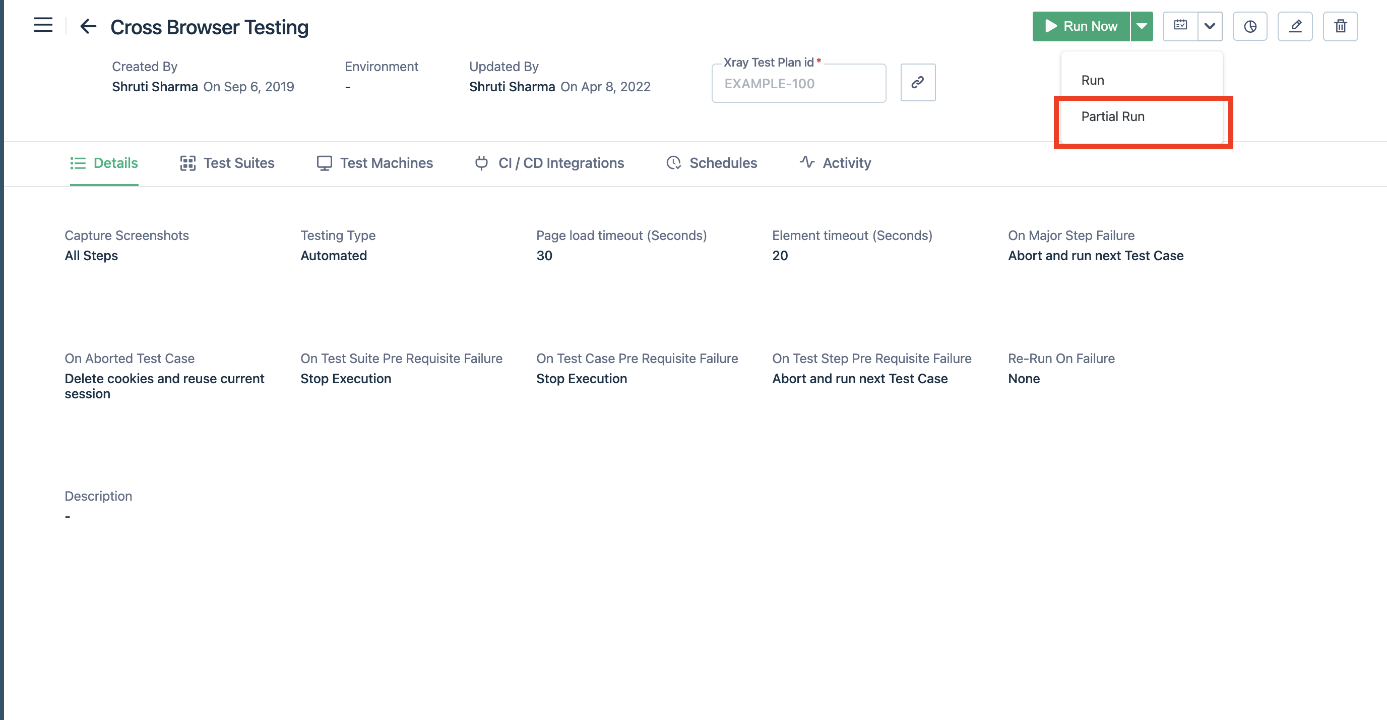 Schedule Partial test run test details page