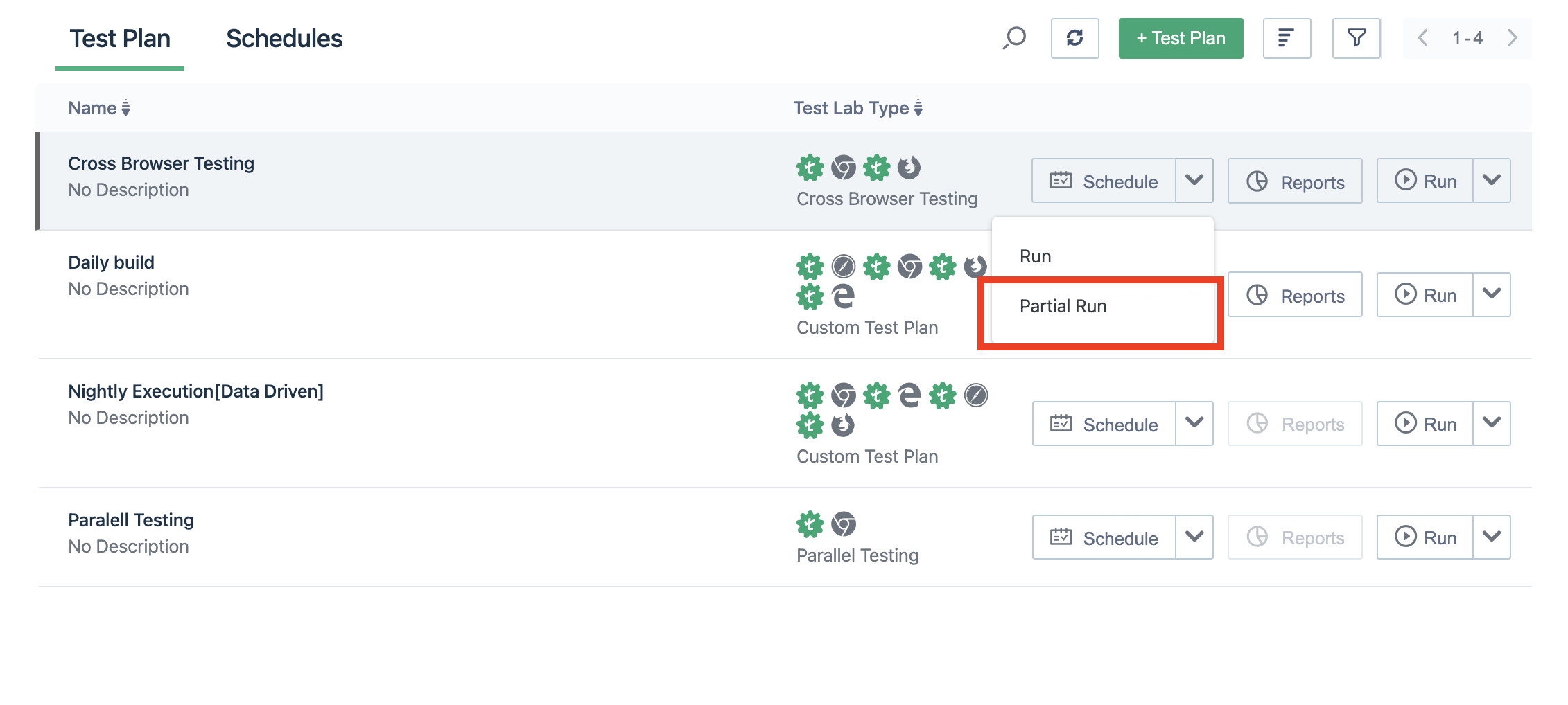 Schedule partial test run test plan list page