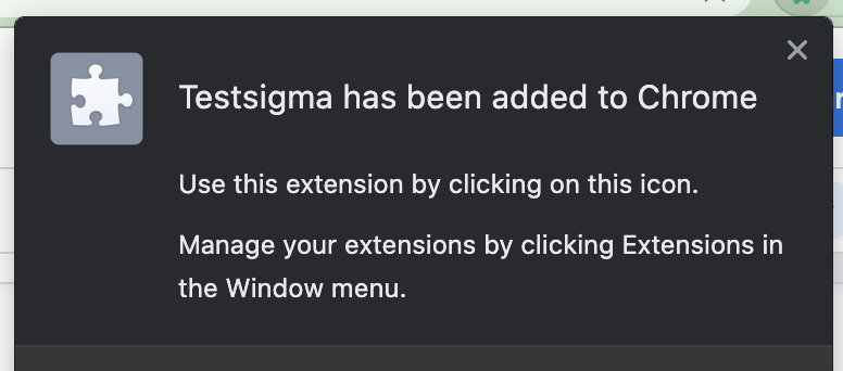 Affirmation message for Testsigma extension installation on chrome