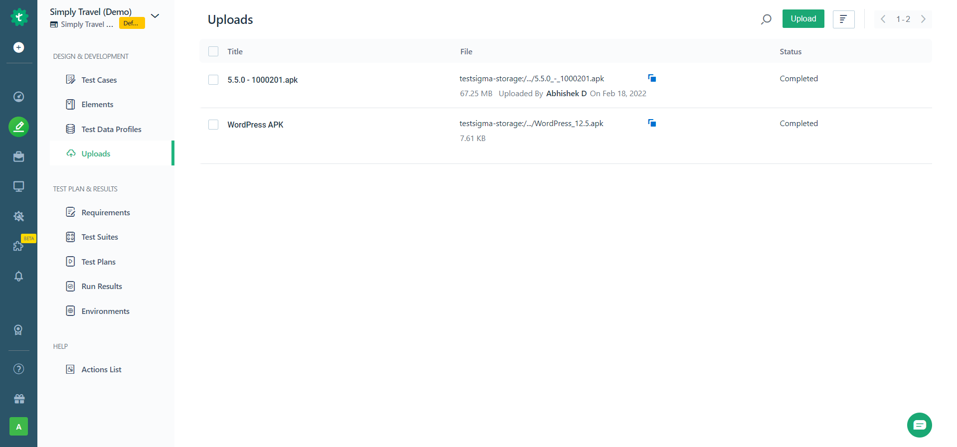 uploads page with one uploaded file in Testsigma