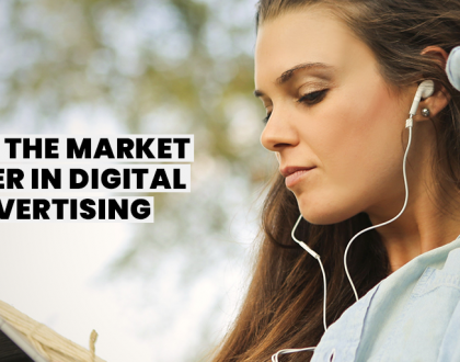 young woman with headphones and text saying DAX market leader in digital advertising