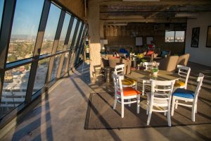 Setup of dining area with City view for a photoshoot