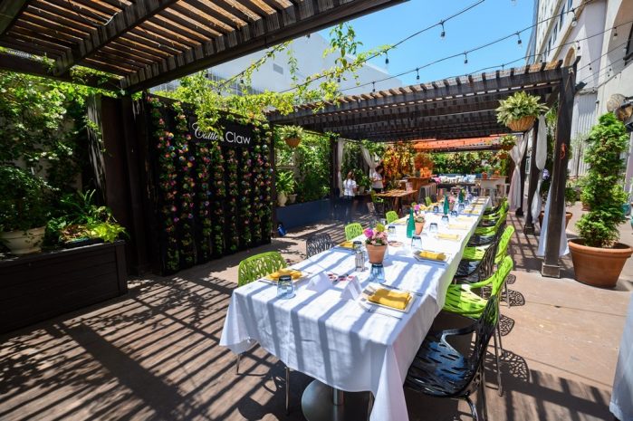 Photo of a private dining event setup on long tables outside