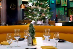 Photo of a booth decorated for the holidays