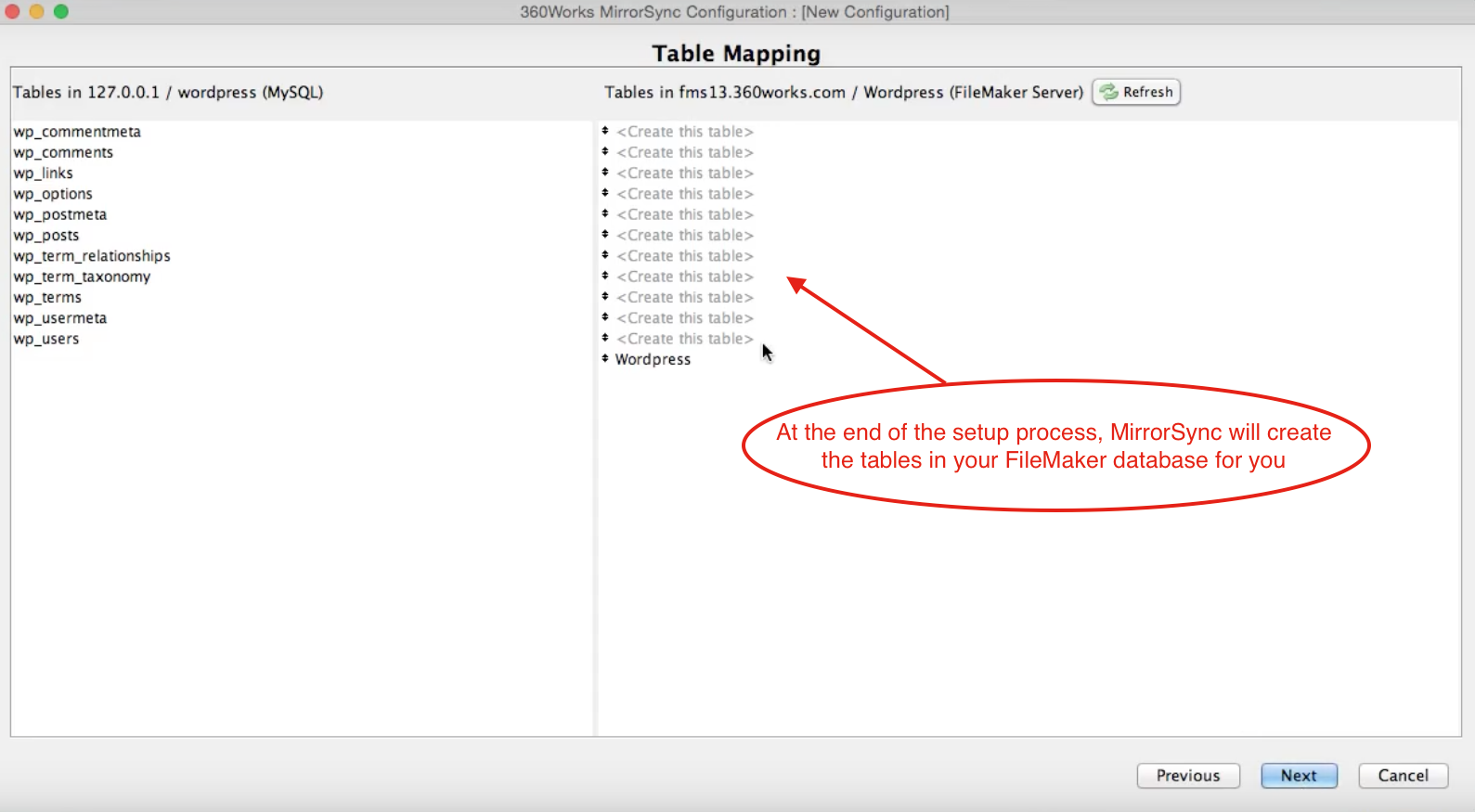 Do not do anything with the FileMaker tables when prompted. MirrorSync will add these for you.