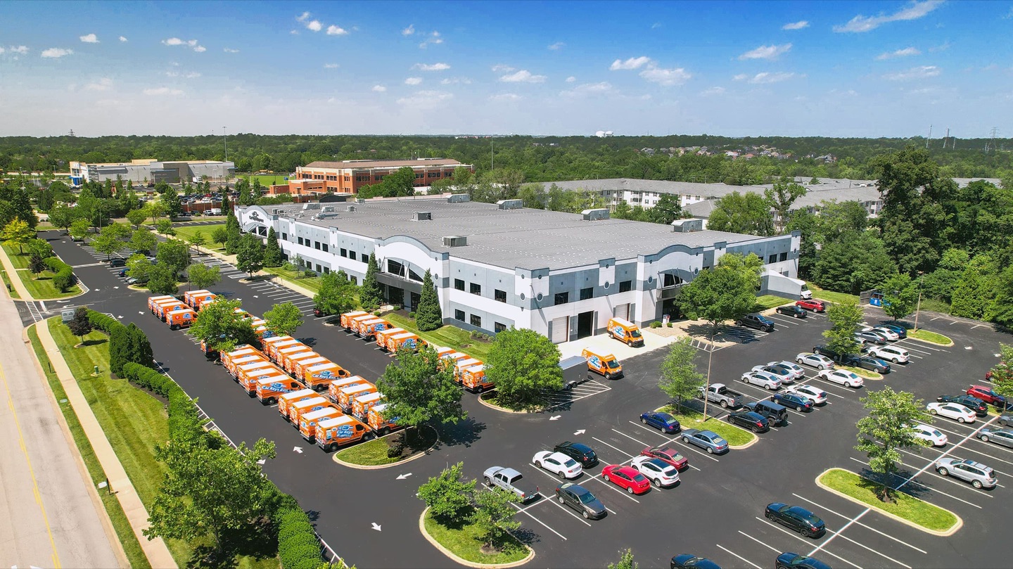 Aerial view of the Car Keys Express headquarters and van fleet