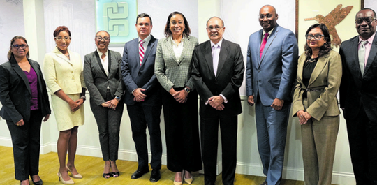 Central Bank Governor Larry Howai, fourth from right, along with senior executives of the institution, meet with representatives of the T&T Chamber, president Sonji Pierre-Chase (fifth from left), Bryan Ramsumair, fourth from left, and CEO Vashti Guyadeen, second from right.