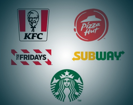 KFC, Pizza Hut, TGIFridays, Subway, Starbucks