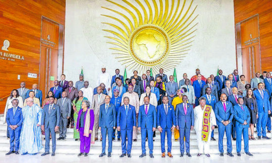 Antigua and Barbuda Prime Minister Gaston Browne and Barbados Prime Minister Mia Mottley, front row second and third right, pose for a photo with African and Caricom leaders at the Second Africa-Caricom Summit in Addis Ababa, Ethiopia, yesterday.