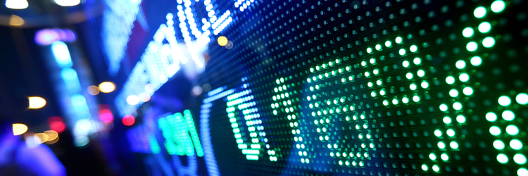 Stock ticker information on a light board