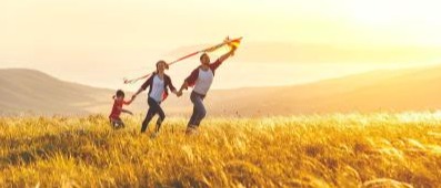Family of three flies kite during Sunset in a tall, grassy field