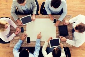 Overhead view of people in a meeting