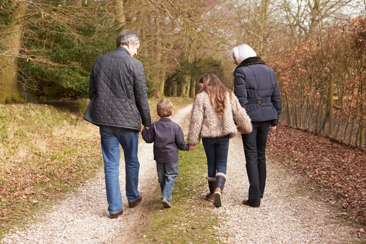 Grandparents walking with their two grandchildren on a path in the woods holding hands