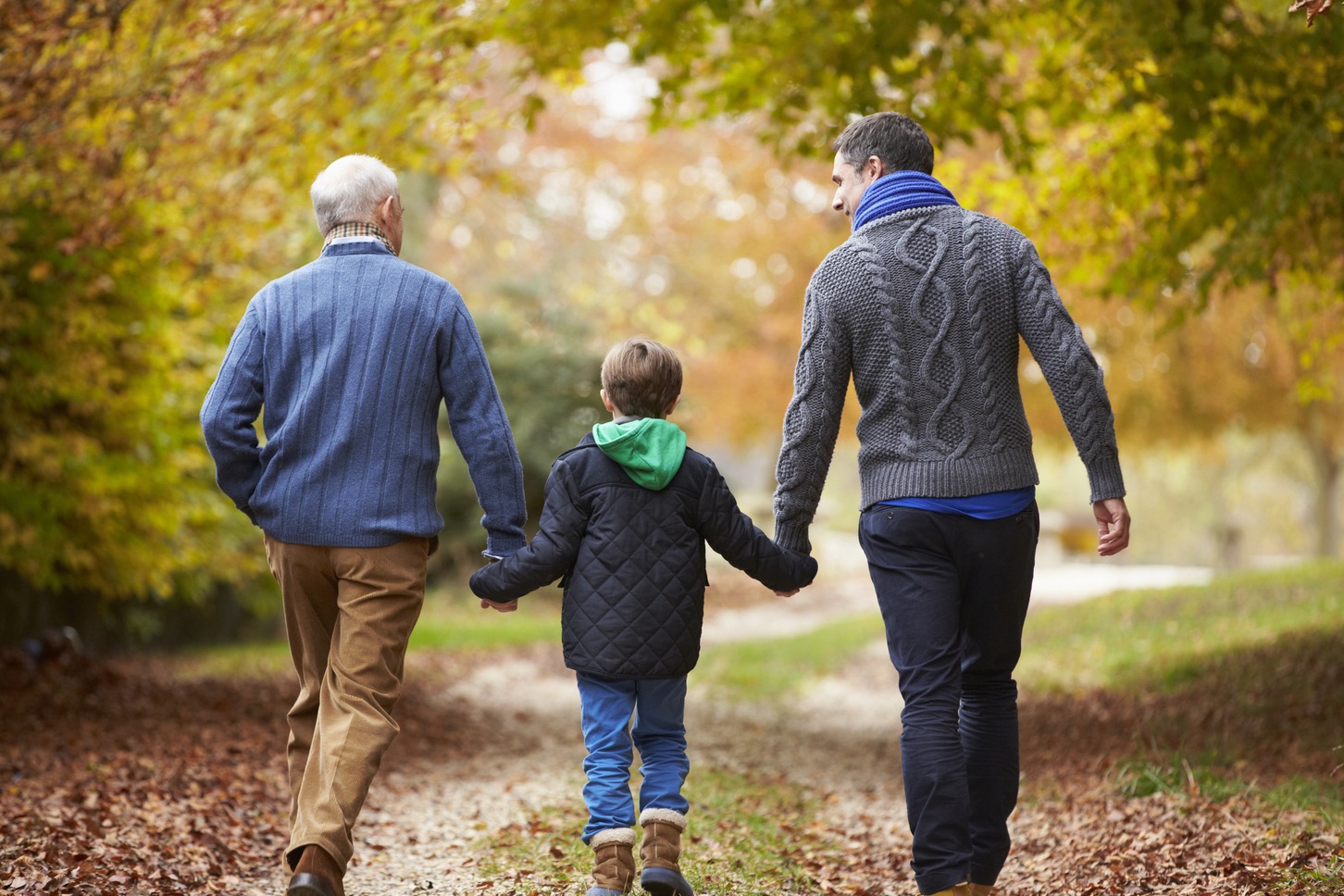 grandfather, son and grandson walking on a path in autumn and holding hands
