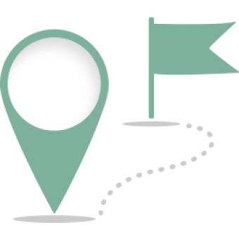 A map pin connected to flag with a dotted line.