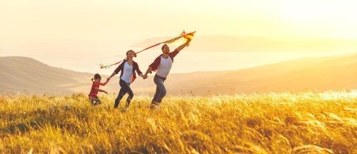 Family flying a kite in a field 