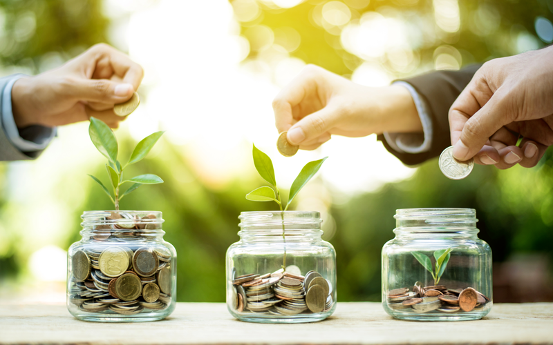 Hands placing coins in jars with growing trees in them