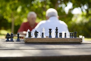 Chess board with two older men playing chess in the background in a park.