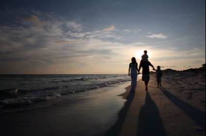Family walking off in the sunset