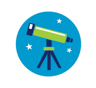 A telescope with circular blue background-color and stars