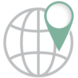 A global map pin icon symbolizing location and navigation on a world map background.