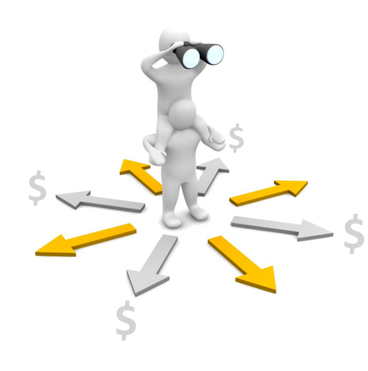 A person stands on a circle, surrounded by arrows pointing towards them, symbolizing focus or direction.