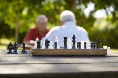 Two friends playing chess at the park