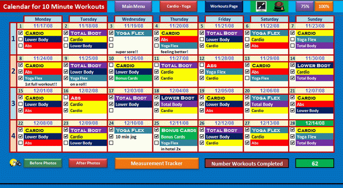 workout calendar excel