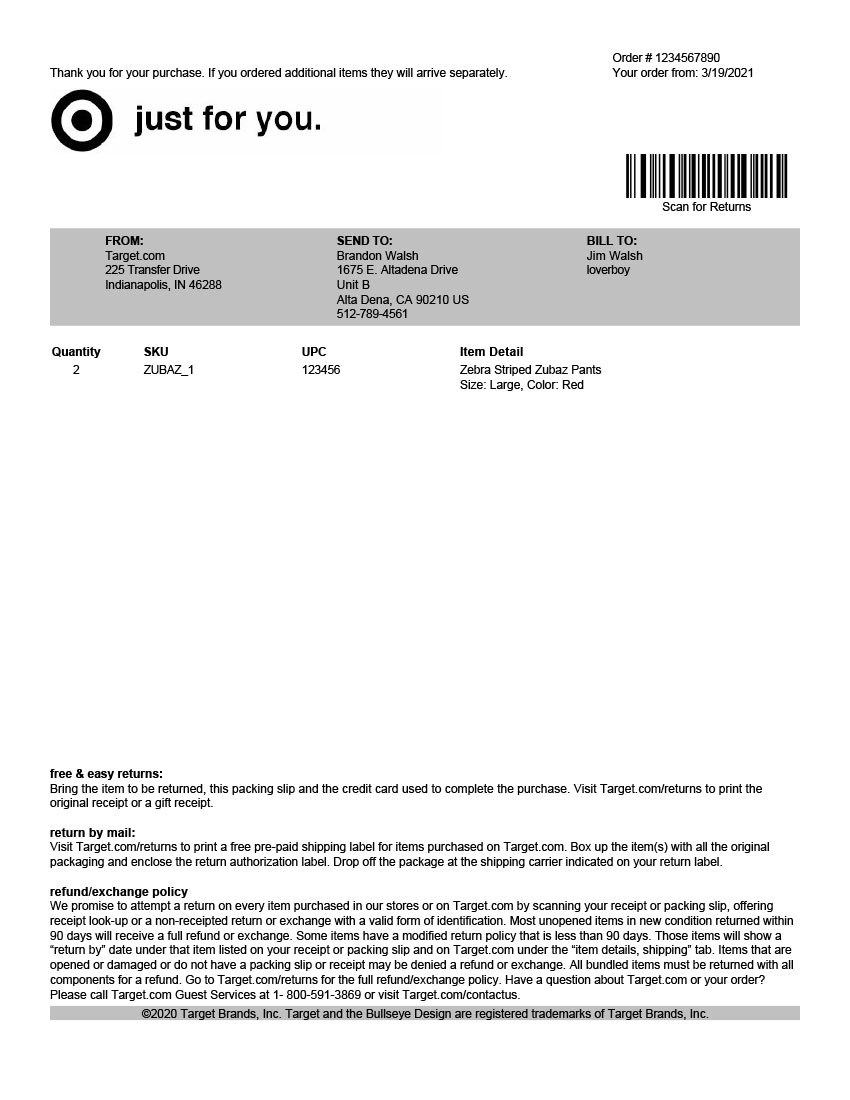 Target 8.5x11 & 4x6 Packing Slip Templates for