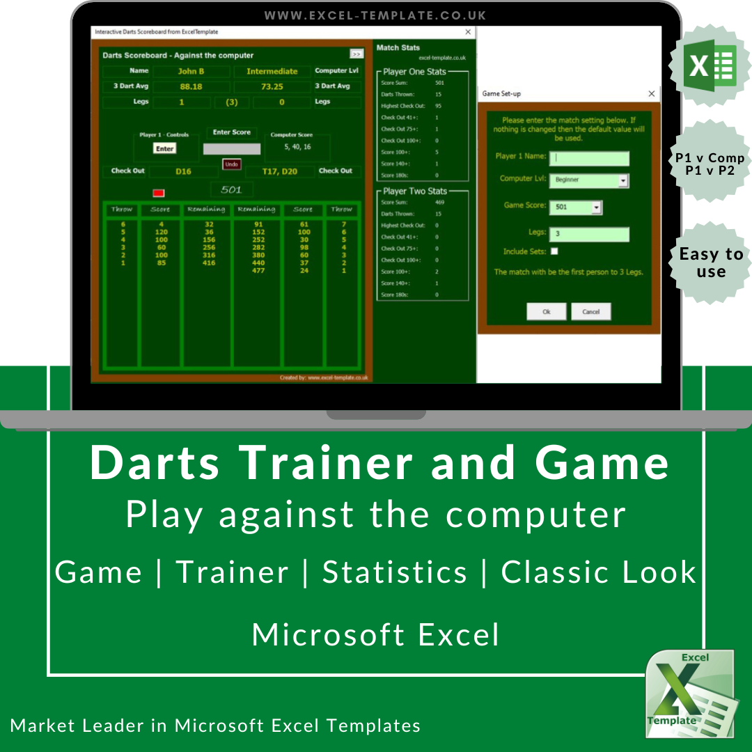 Microsoft Excel, Interactive darts trainer and games. View your dart statistics