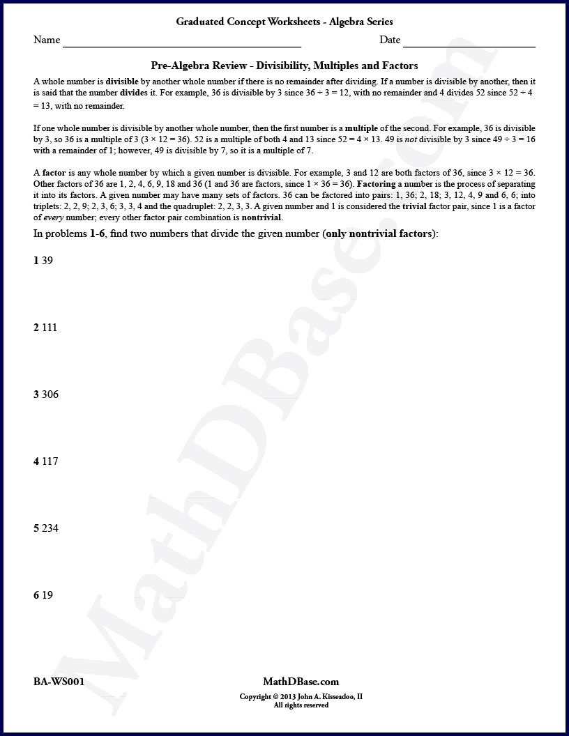 Pre-Algebra Review 1 Divisibility, Multiples and Factors