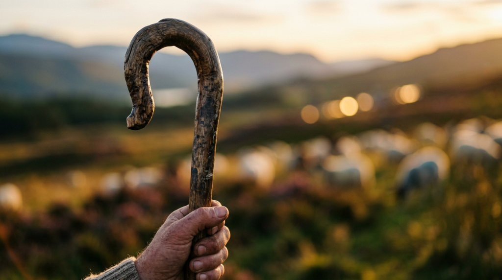 Ancient shepherd crook with bokeh background
