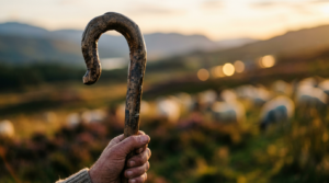 Ancient shepherd crook with bokeh background