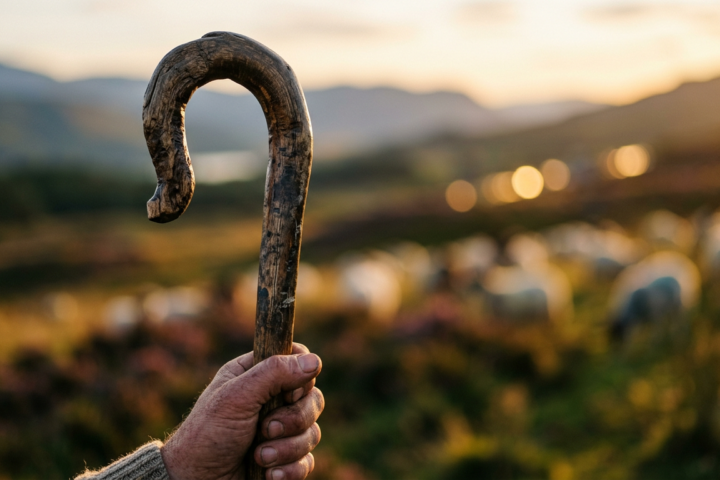 Ancient shepherd crook with bokeh background