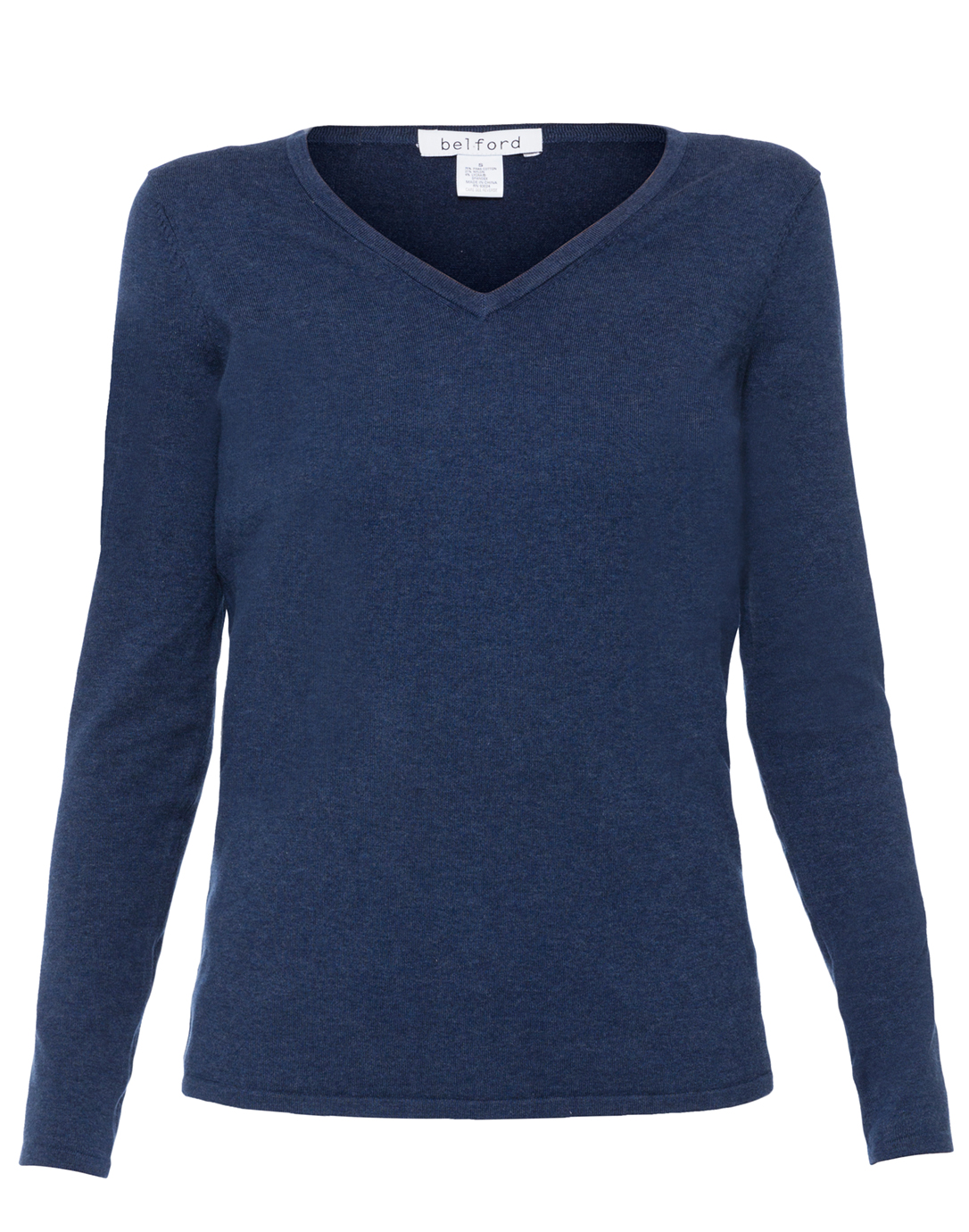 Heathered Navy V-Neck Button-Cuff Stretch Cotton Sweater