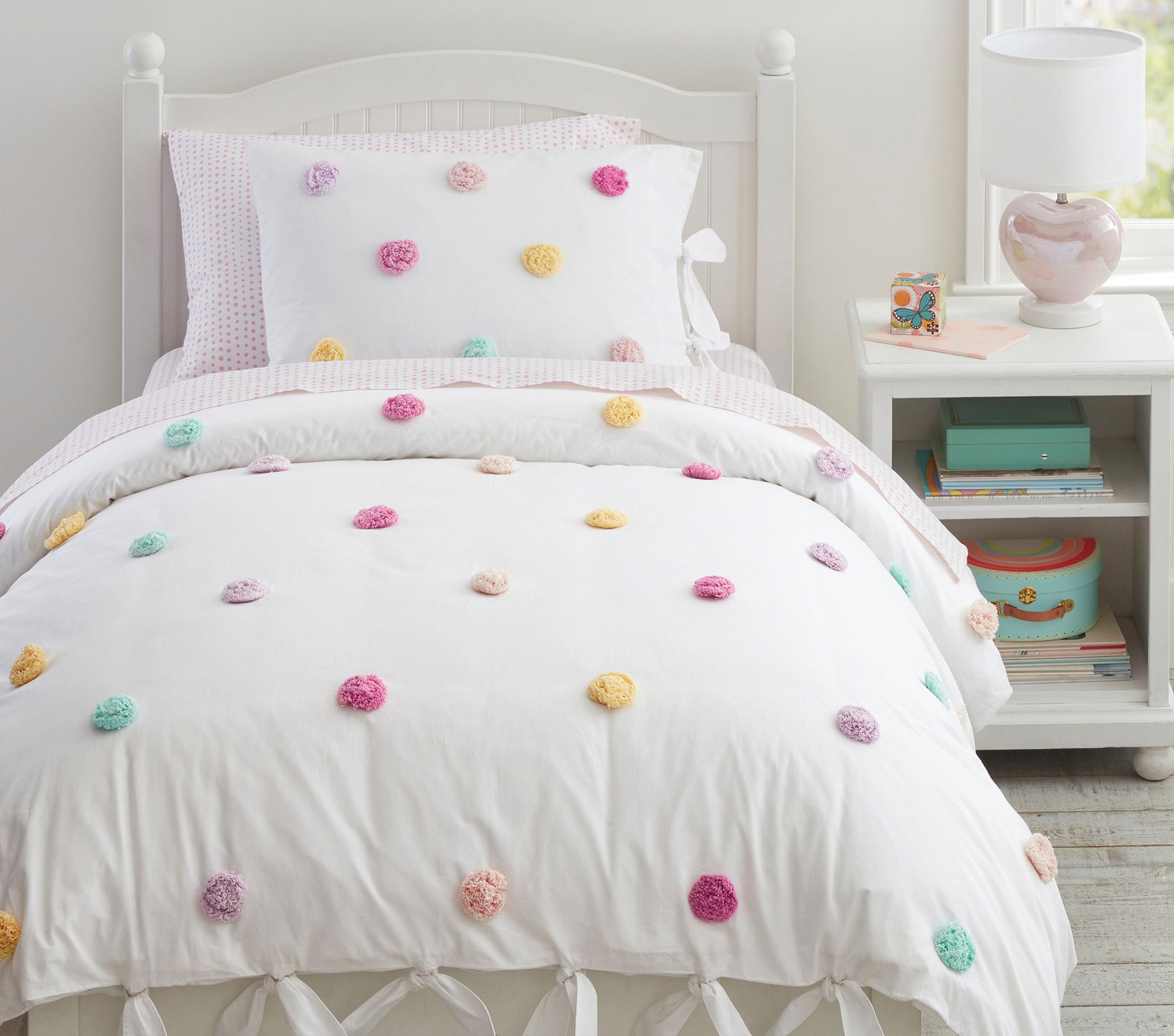 Zoey Pom Pom Duvet, Full/Queen, White Multi Pottery Barn Kids Havenly