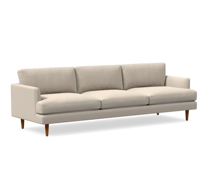 Haven Loft 108" Sofa, Performance Velvet, Sand, Pecan West Elm Havenly
