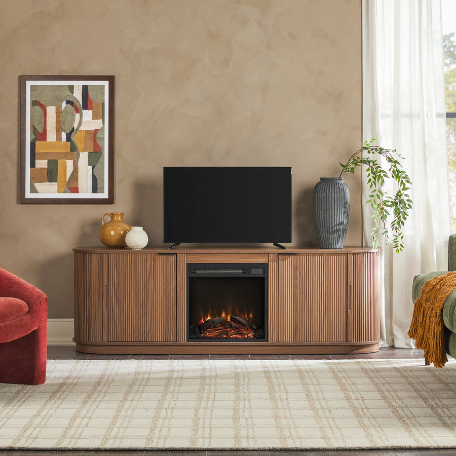 テレビ MOKA Modern Reeded 70” Fireplace TV Stand - Mocha - Walker Edison | Havenly