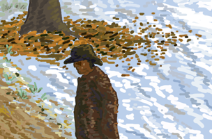 Man standing by riverbank as fall turns to winter. by MojoChiba